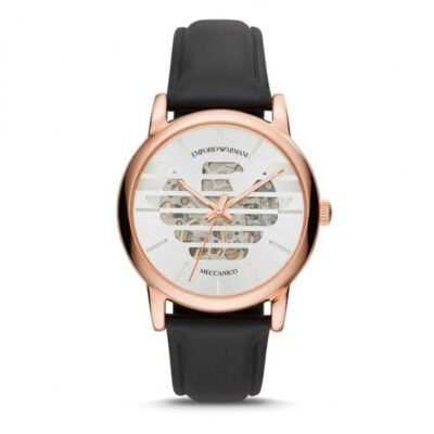 Emporio Armani Meccanico Skeleton Silver Dial Black Leather Strap Watch For Men - AR60031